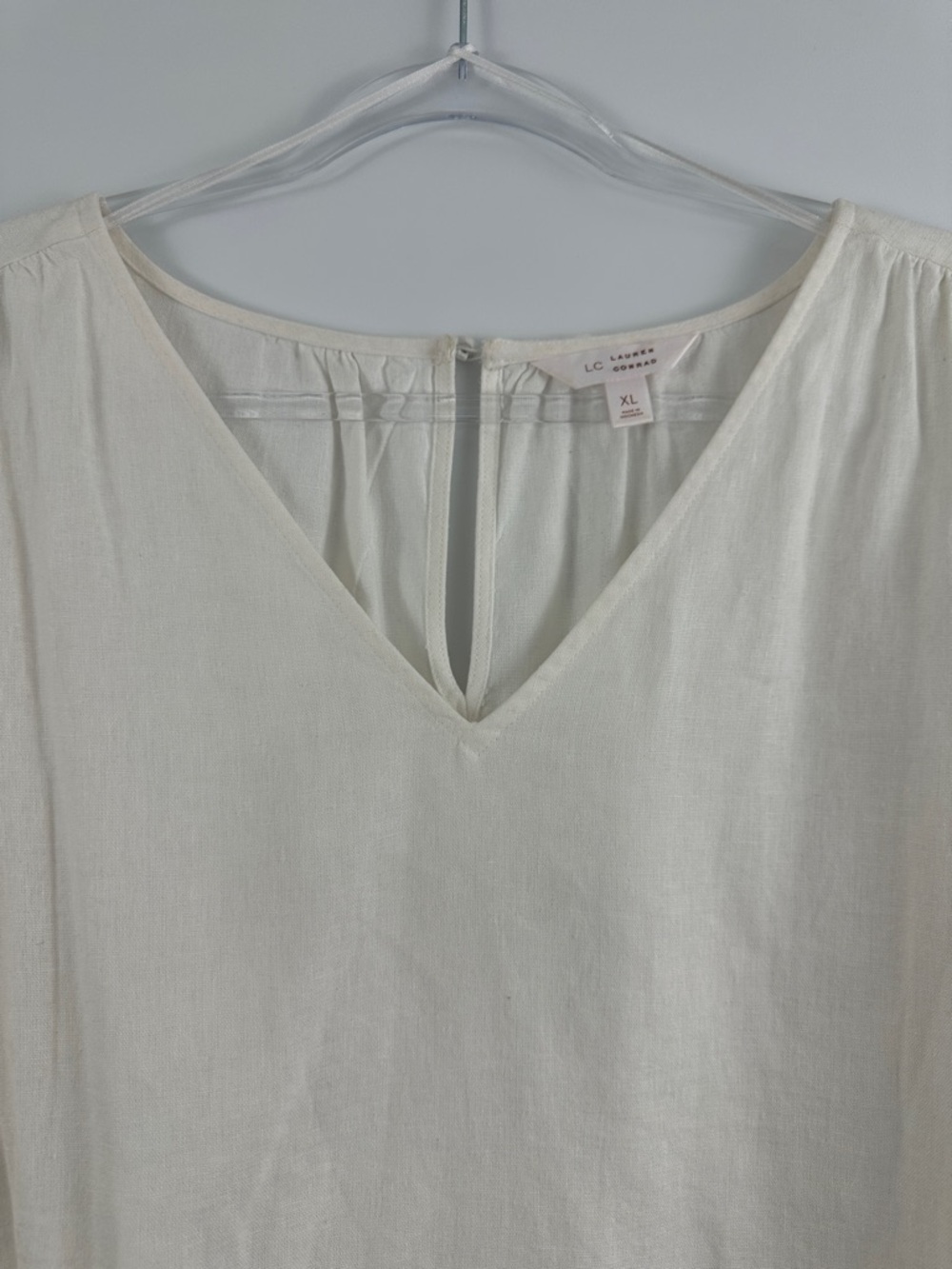 LC Lauren Conrad Cream Linen Blend Puff Sleeve Blouse XL V-Neck Cottagecore Top - Picture 6 of 7